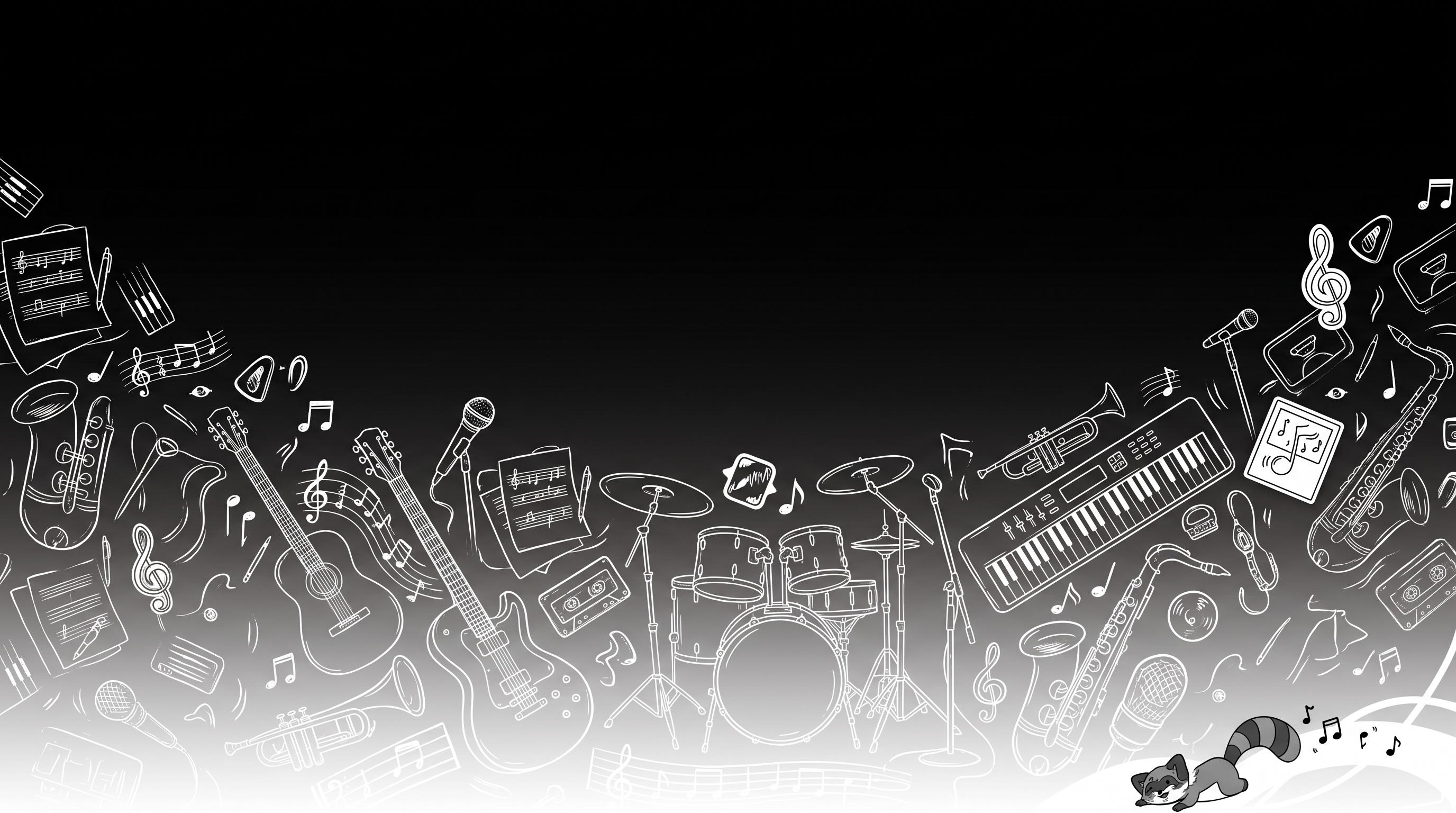 Hand-drawn musical illustration: guitar, saxophone, drums, keyboard, microphone, and notes